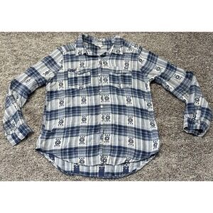 Cato Womens Top M Blue White Plaid Flannel Button Long Sleeve Collar Southwest